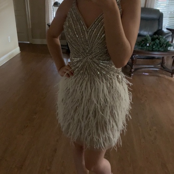 Beige Rhinestone Feather Mini Dress - Picture 4 of 6